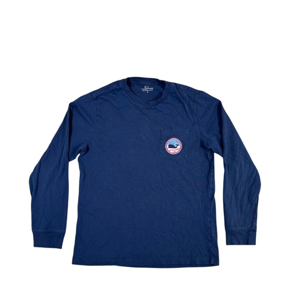 Vineyard Vines Boys L 16 Navy American Flag Whale Pocket Long Sleeve T-Shirt